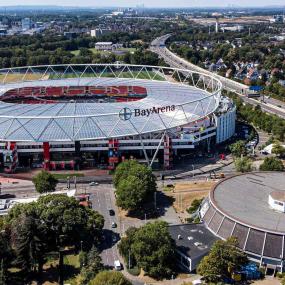 Exterior view of BayArena stadium, perfect for all stag fans of Bayer 04 Leverkusen