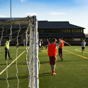 Stag group competing in a lively five-a-side football match