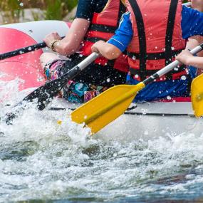 A stag group rafting on the Rhine river in Dusseldorf